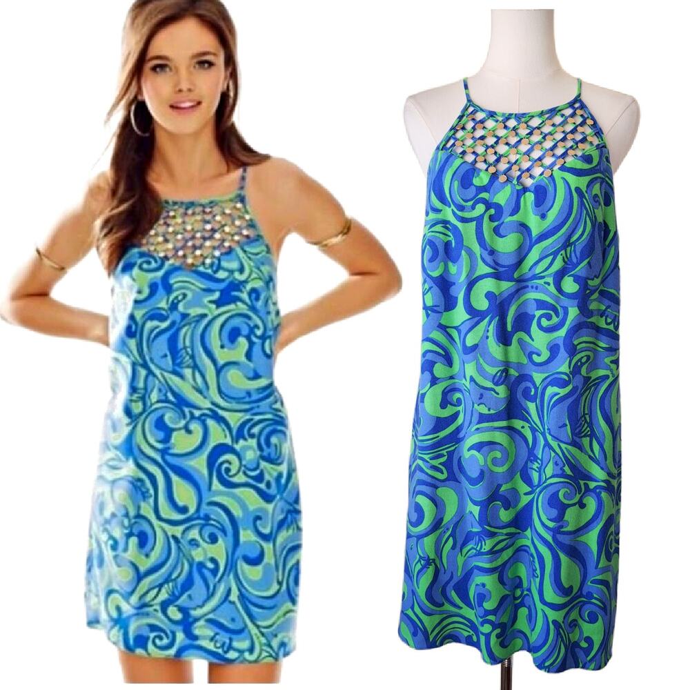 LILLY PULITZER Reecy Blue Green Halter Swing Dress Small Green Blue I'm No Angel